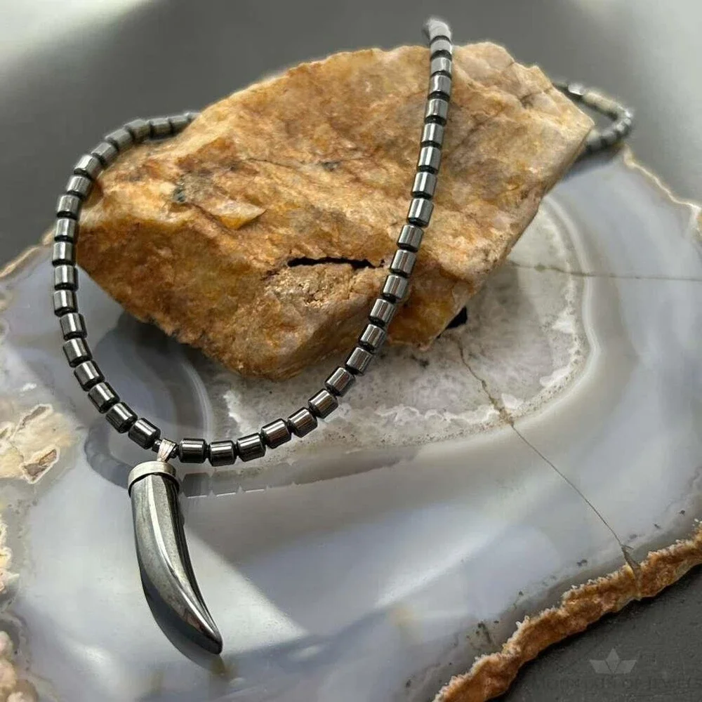 Hematite Beads with Hematite Fang Pendant Unisex 16